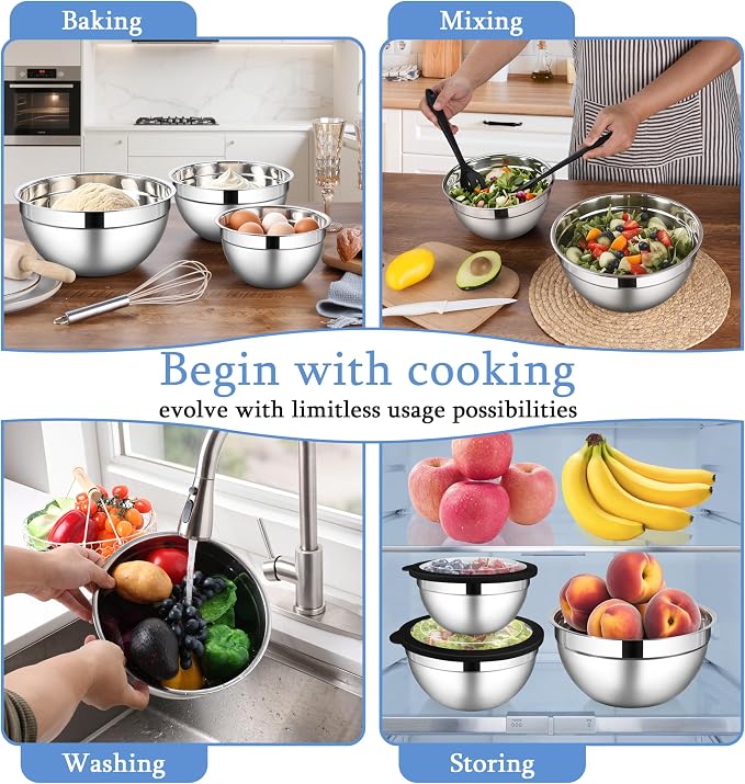 LIANYU Mixing Bowls Sets of 3, Stainless Steel Metal Bowl for Kitchen | Large and Small Size 4.6 & 3 & 1.5QT, Nesting and Stackable, Include Airtight Lids, Dishwasher & Freezer Safe, Black