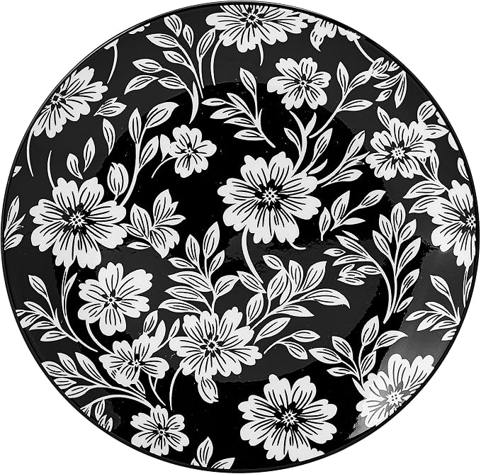 Pfaltzgraff Midnight Blooms 12 Piece Floral Stoneware Dinnerware Plate Bowl Dish Set, Service for 4, Black