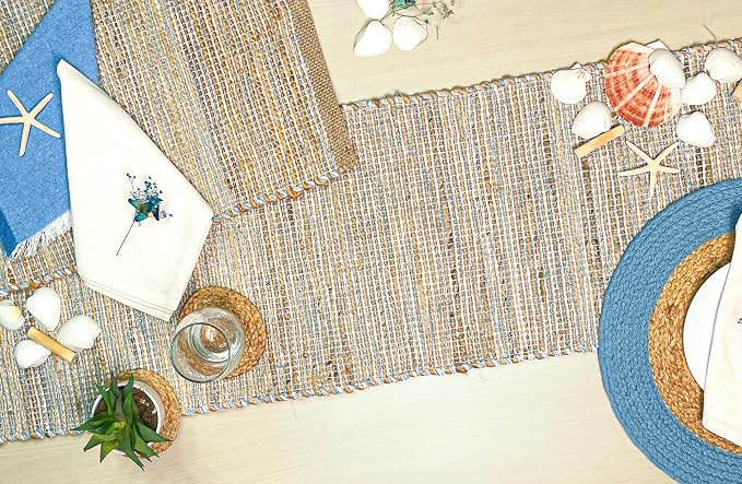 Natural Jute Table Runner, 13x72 Inch | Sky Blue-White, Vintage Boho Rustic Decor, Handwoven, Farmhouse Dining or Console Table Accent