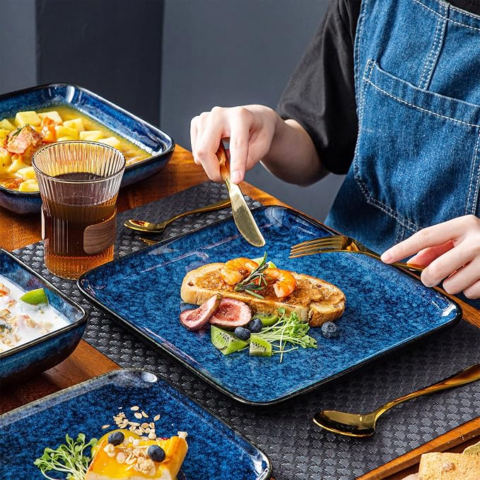 vancasso Stern Square Stoneware Dinnerware Set for 4,16 Piece Dining Set | Reactive Glaze Plates and Bowls Set, Chip and Scratch Resistant, Microwave & Dishwasher Safe for Everyday Dining,Blue