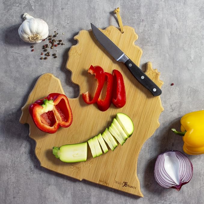 Totally Bamboo Michigan State Shaped Cutting Board, Art by Fish Kiss | State charcuterie board with colorful hand-drawn map artwork. Smooth reverse side for food prep. Hang tie for wall display.