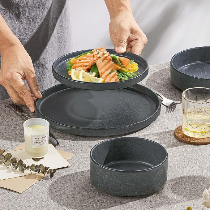 Herogo 16 Piece Plates and Bowls Set, Ceramic Dinnerware Sets with Pasta Bowls, Kitchen Dinner Ware Dishes Service for 4, Chip & Scratch Resistant Dishware, Dark Gray