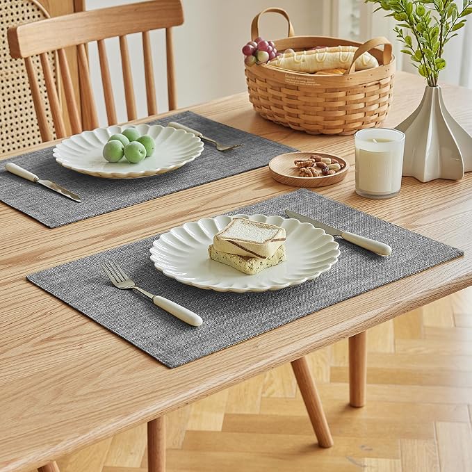 Softalker Faux Linen Placemats Set of 4-12 x 18 Inch, Heat Resistant Double Layered Durable Burlap Farmhouse Place Mats, Non-Slip Washable Rustic Table Mats for Dining, Kitchen, Party（Light Grey