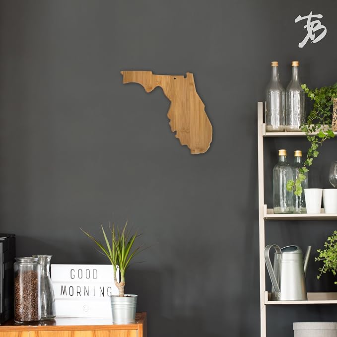Totally Bamboo Florida State Shaped Serving & Cutting Board | State charcuterie board with natural bamboo grain. Knife-friendly surface for food prep. Hang tie for wall display.