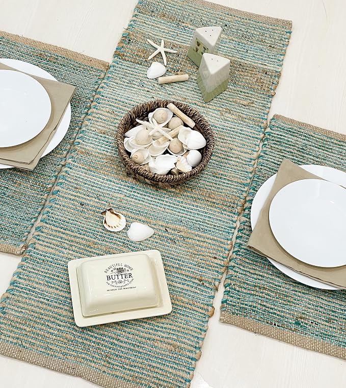 Natural Jute Table Runner 13x36 Inch – Vintage Boho Rustic Table Decor – Handwoven Table Runner in Natural Jute and Aqua Turquoise – Farmhouse Dining or Console Table Accent