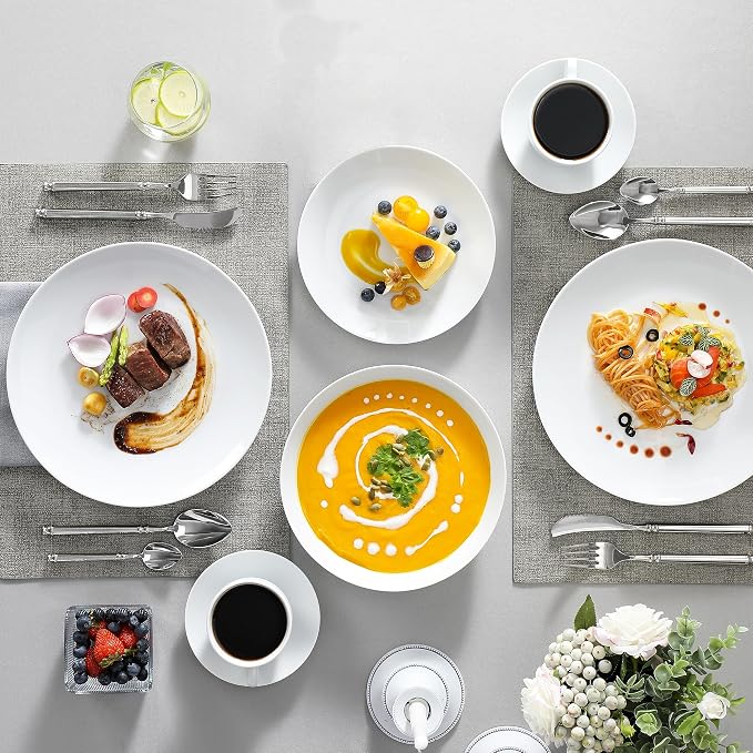 MALACASA 30-Piece Porcelain Dinnerware Set, White Round Dish Set for 6 | Serving Plates and Bowls Sets for Dessert, Salad, Soup, Pasta, Microwave & Dishwasher Safe, Including Cups - Series AMELIA