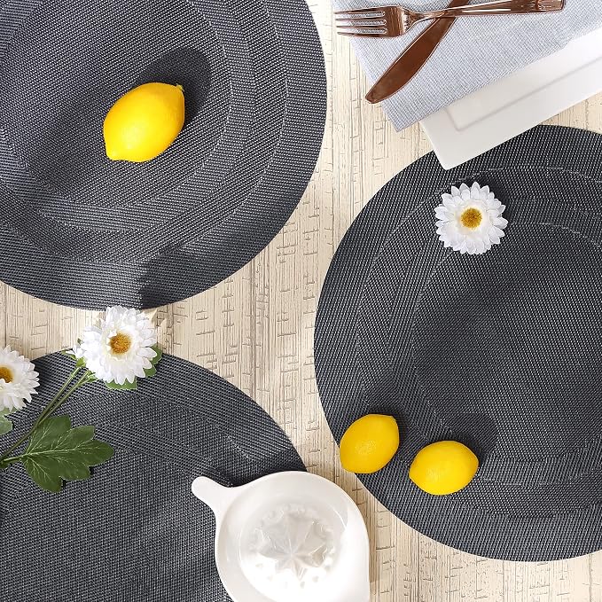 DII PVC Tabletop Collection Woven Indoor/Outdoor, Round Placemat Set, 13.75", Stonewash Blue, 6 Piece
