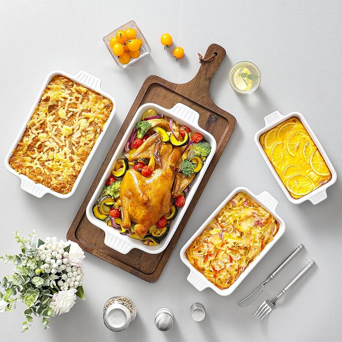 MALACASA Casserole Dishes for Oven, Ceramic Baking Dishes Set of 4, White | Rectangular Deep Lasagna Pans with Handles for Roasting Vegetable, Cake, Durable Bakeware, Wedding Gift(9.4/11.1/12.2/14.7")