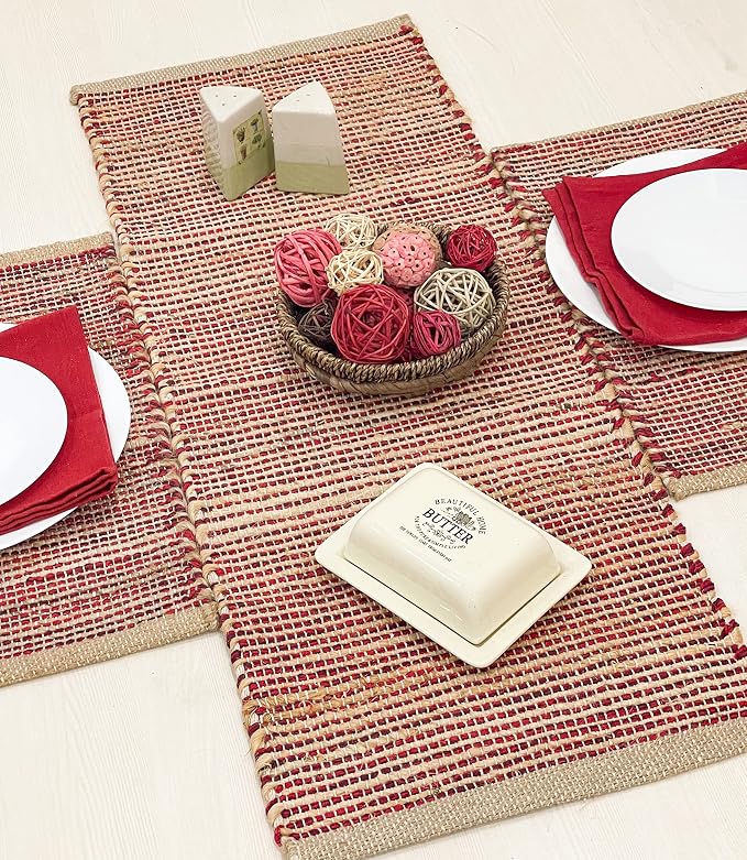 Natural Jute Table Runner 13x36 Inch – Vintage Boho Rustic Table Decor – Handwoven Table Runner in Natural Jute and Red – Farmhouse Dining or Console Table Accent