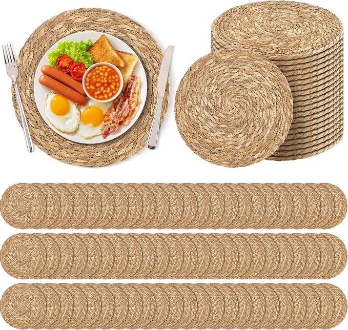Kochorie Set of 120 Round Woven Placemats 12 Inches Bulrush Placemats Natural Hand-Woven Boho Rattan Placemat Wicker Table Mats Farmhouse Weave Place Mats for Home Dining