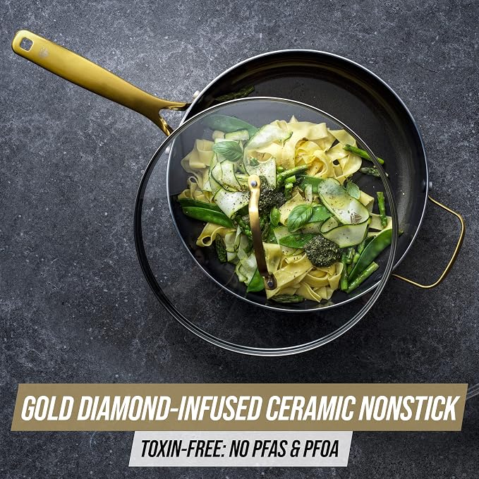 Blue Diamond 4QT Saute Pan with Lid, Non Toxic Induction PFAS-Free Diamond Ceramic Nonstick, Dishwasher & Oven Safe, Metal Utensil Safe, Gold Handle & Helper Handle, Jumbo Skillet, Glass Lid, Black