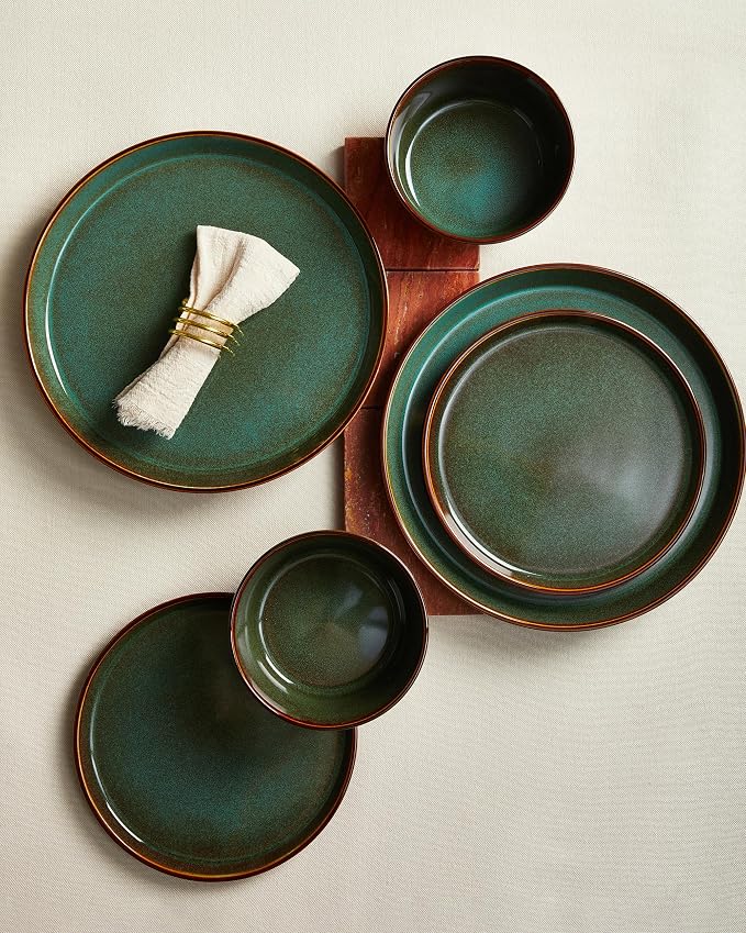 Plates and Bowls Sets for 4, Ceramic Dinnerware Sets, Kitchen Dish Set, Microwave & Dishwasher Safe Dishware, Highly Durable Hand Glazed Dinner Set, Brown Green