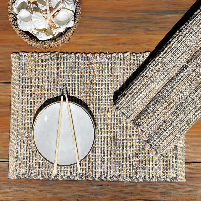 Natural Jute & Grey Placemats, Set of 4 – Rustic Handmade Boho Table Mats, 13x19 Inch Dining Table Placemats for Kitchen, Everyday Meals, Holidays, Farmhouse or Modern Table Décor