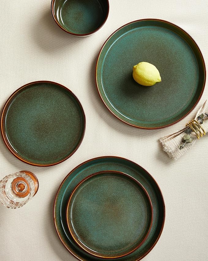 Plates and Bowls Sets for 4, Ceramic Dinnerware Sets, Kitchen Dish Set, Microwave & Dishwasher Safe Dishware, Highly Durable Hand Glazed Dinner Set, Brown Green