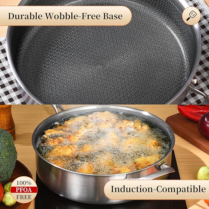 LOLYKITCH 7-Quart Large Frying Pan with Lid | 12 Inch | Detachable Handle | Ceramic Nonstick | Tri-Ply Stainless Steel | Deep Skillet | Saute Pan | PFOA Free | Induction | Dishwasher & Oven Safe