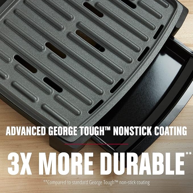George Foreman Fully Submersible 4-Serving Grill | Dishwasher-safe grill with fast preheat, adjustable hinge and durable nonstick coating for family meals.