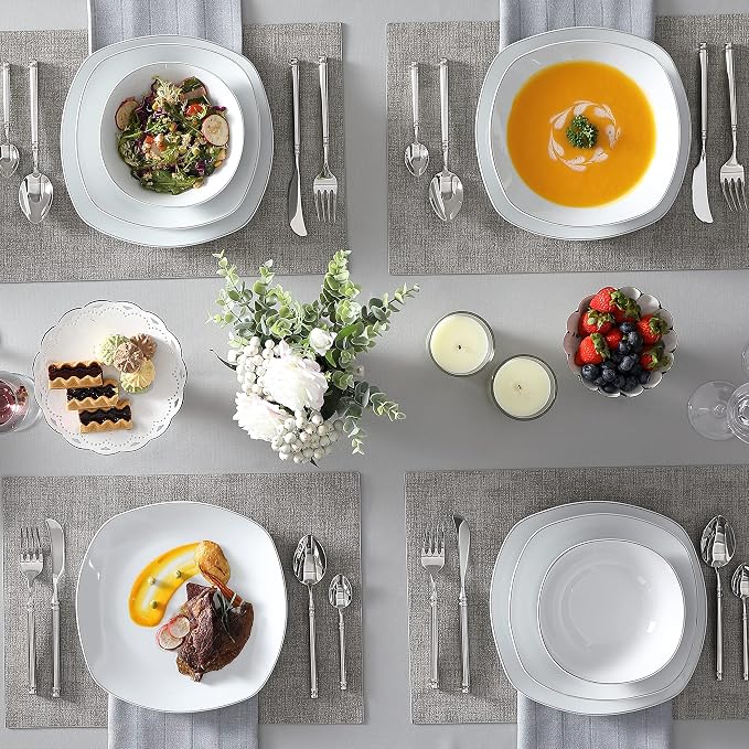 MALACASA Dinnerware Sets, 24 Piece Porcelain Square Dishes, White with Silver Rim Plates and Bowls Sets, Ceramic Dish Set for 6, Chip Resistant Dishware Sets, Series ELISA | White Ceramic Plates and Bowls Sets for Serving, Chip Resistant, Microwave & D...