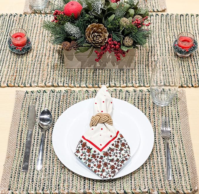 Natural Jute & Green Placemats, Set of 4 – Rustic Handmade Boho Table Mats, 13x19 Inch Dining Table Placemats for Kitchen, Everyday Meals, Holidays, Farmhouse or Modern Table Décor