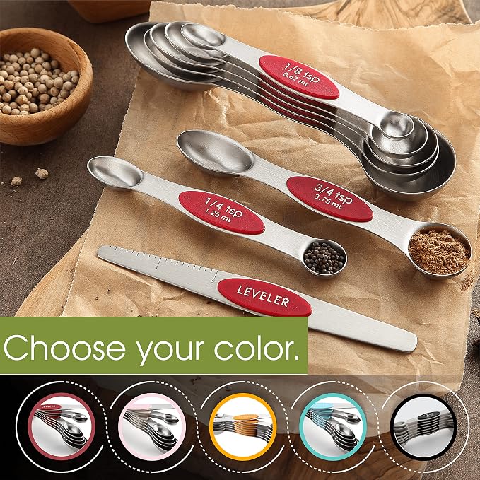 Spring Chef Stainless Steel 8 Magnetic Measuring Spoons Set, 2 Pack, Red | Nesting Teaspoon & Tablespoon Measuring Spoons w/ Leveler for Dry & Liquid Ingredients, Measure Spoons For Baking & Cooking