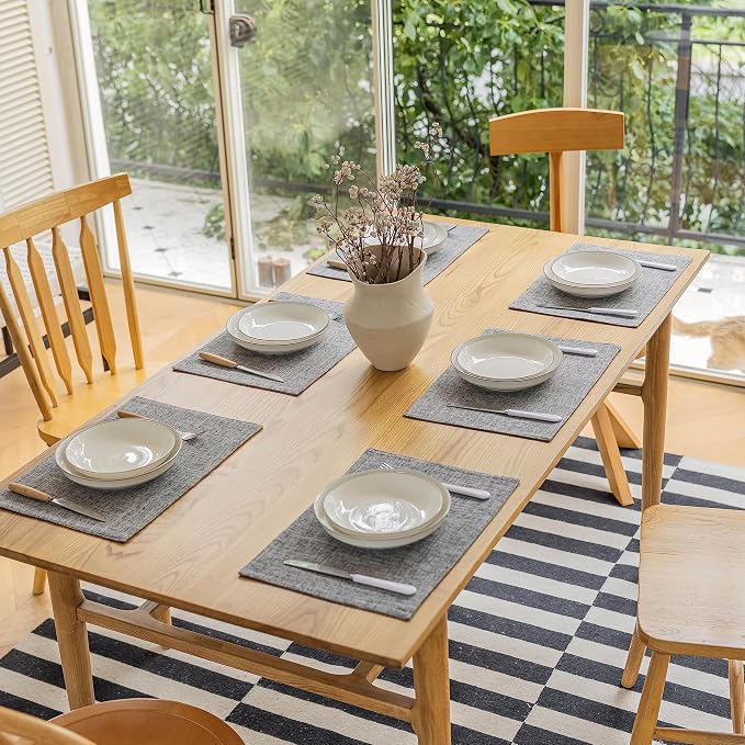 Demetex Grey Placemats Set of 4 Farmhouse Heat Resistant Linen Table Place Mats Washable Cloth Plate Mats for Party Picnic Buffet, Ash Grey