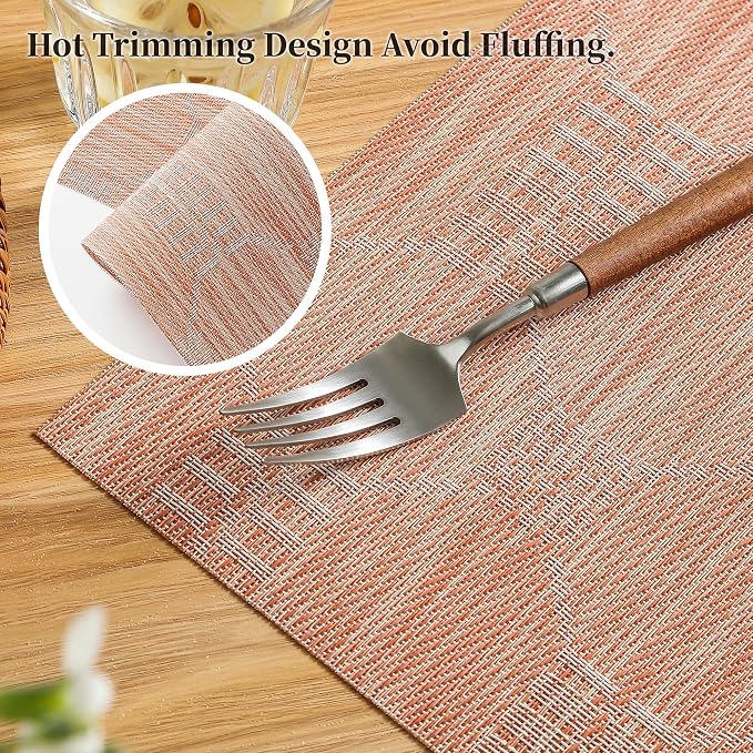 Leetaltree Coral Placemats Set of 8 - Heat Resistant Non-Slip Place mats for Dining Table, Washable Durable PVC Vinyl Woven Table Mats（Coral, 8）