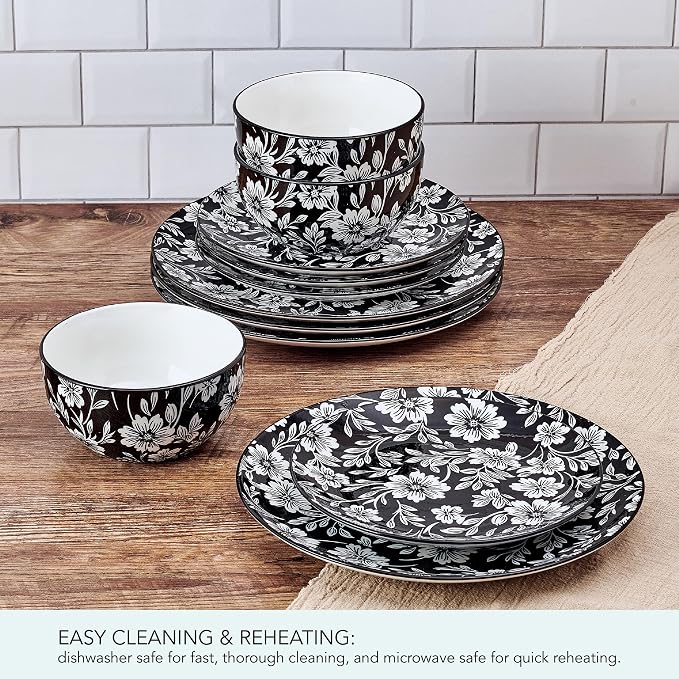 Pfaltzgraff Midnight Blooms 12 Piece Floral Stoneware Dinnerware Plate Bowl Dish Set, Service for 4, Black