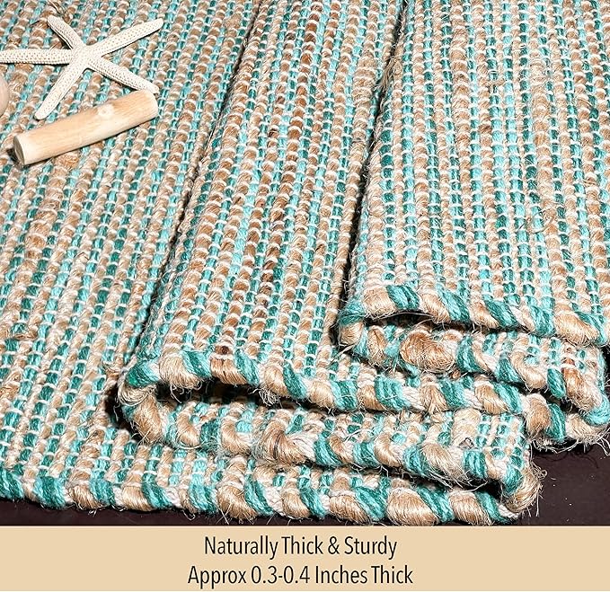 Natural Jute Table Runner 13x36 Inch – Vintage Boho Rustic Table Decor – Handwoven Table Runner in Natural Jute and Aqua Turquoise – Farmhouse Dining or Console Table Accent