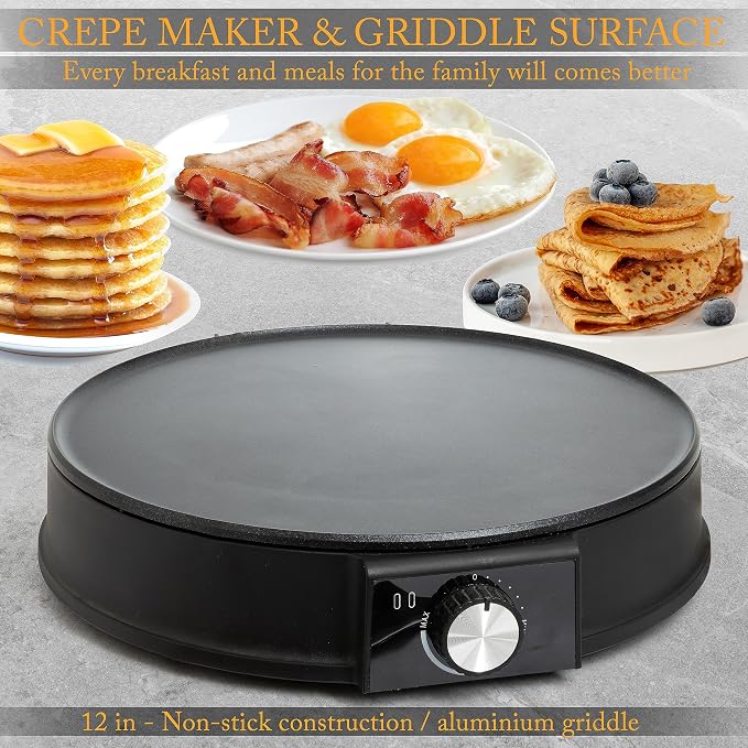 Moss & Stone 12” Electric Crepe Maker Machine, Griddle Nonstick Crepe Pan | Adjustable temperature, quick heat-up, even heating, non-slip feet, spreader & spatula included, for pancakes & tortillas