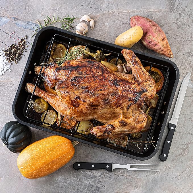 Moss & Stone 16.5” Roasting Pan with Rack – Heavy Duty Nonstick Carbon Steel Turkey Roaster, Large Rectangular Oven Pan with V-Rack, Bonus Carving Fork & Chef Knife