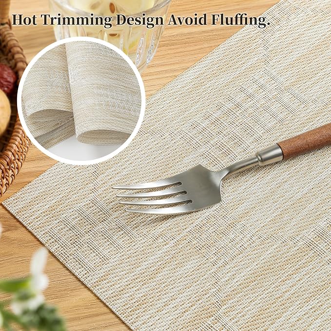 Leetaltree Wheat Placemats Set of 8 - Heat Resistant Non-Slip Place mats for Dining Table, Washable Durable PVC Vinyl Woven Table Mats（Wheat, 8）