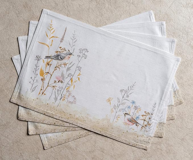 Maison d' Hermine Placemats Set of 4 Reusable 100% Cotton (13"x19") | Cloth Place Mats Washable Table Mats for Kitchen Dining Party Home Restaurant Spring Summer - Meadow Florals - Beige