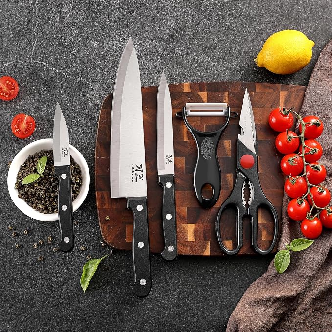 5 Pieces Kitchen knife Set, Knife Set Without Block with Sheathes, Stainless Steel Sharp Blade and Comfortable Handle, Chef Knife Set with Kitchen Scissors and Peeler for Cooking