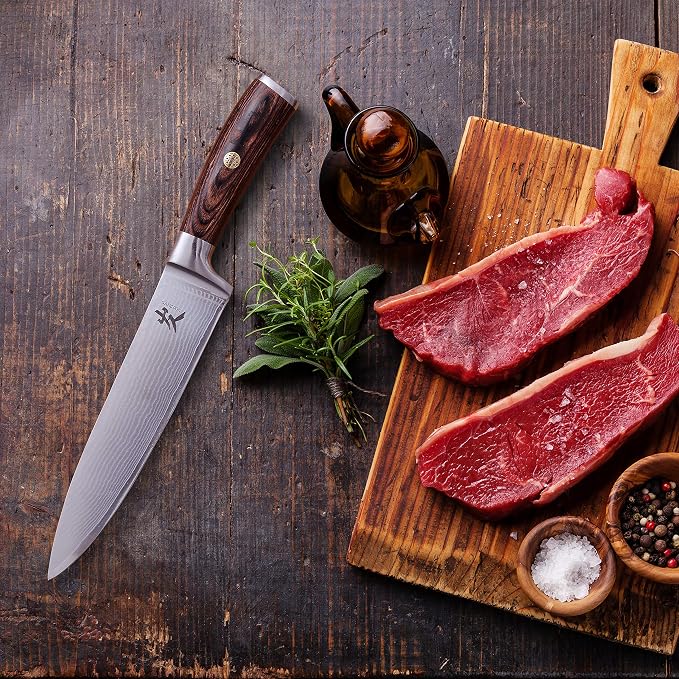 SAMCOOK Damascus Chef Knife - 8 Inch Professional Sharp Kitchen Knife, High Carbon Stainless Steel Meat Sushi Cutting Gyuto knife - Ergonomic Pakkawood Handle with Gift Box