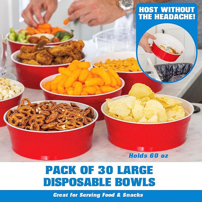GoBig Red Party Cup Bowls - Large Disposable Plastic Bowls - 22 oz or 60 oz