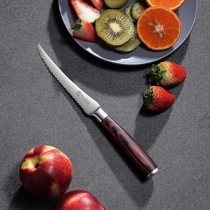 PAUDIN Tomato Knife, 5 inch Serrated Tomato Knife with Sheath | High Carbon Stainless Steel Tomato Slicer Knife for Smooth Cutting Slicing Vegetables and Fruits