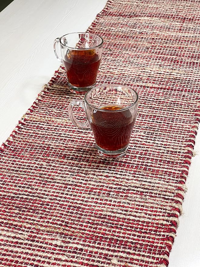 Natural Jute Table Runner 13x72 Inch – Vintage Boho Rustic Table Decor – Handwoven Table Runner in Natural Jute and Red – Farmhouse Dining or Console Table Accent
