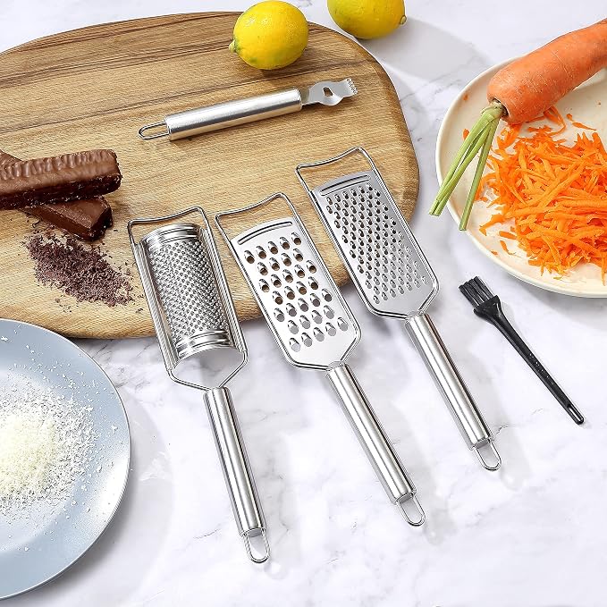 Tongjude Stainless Steel Cheese Grater Set, Set of 5 Kitchen Grater & Peeler & Slicer, Lemon Zester with Cleaning Brush for Vegetable, Fruit, Chocolate