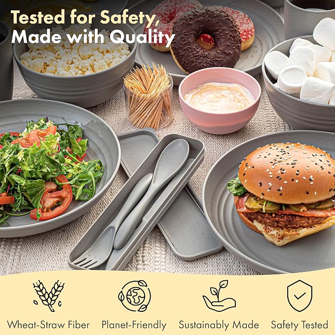 FOODLE Wheat Straw Dinnerware Set - RV, Camping, Picnic Plates Cups & Bowls | BPA-Free & Safety Tested - Microwave & Dishwasher Safe - Lightweight & Unbreakable Dishes - Great for Kids & Adults - For 4