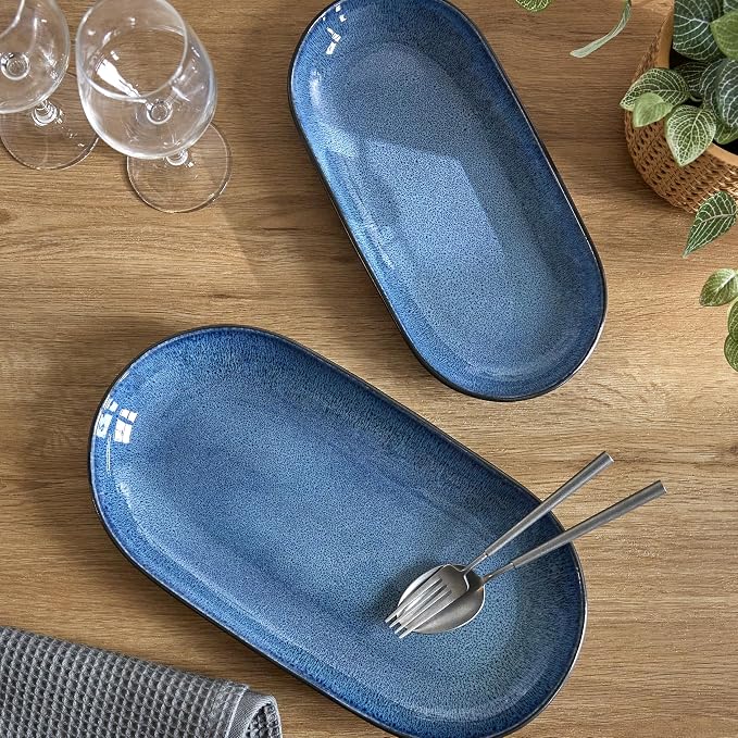 SANGO Resona Blue Serving Platters Set of 2, 14/12 Inch Stoneware Serving Dishes for Entertaining, Glossy Party Serving Trays with Reactive Glaze, Buffet Oval Platters for Bread, Appetizer, Cheese