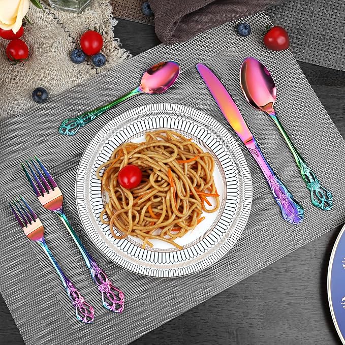 Silverware Set, 30 Pieces Retro Royal Silverware Set for 6, Baroque-style Stainless Steel Flatware Set Including Fork Spoon and Knife, Dishwasher Safe, Rainbow