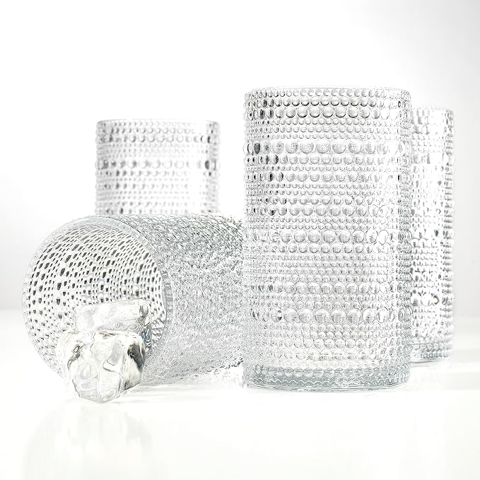 Glaver's Hobnail Drinking Glasses, Set of 4 Clear Vintage Beaded Glass Cups, 15 Oz. Cocktail Drinking Glassware Set, For Water Juice, Smoothies. Home, Dinner, Bar uses.