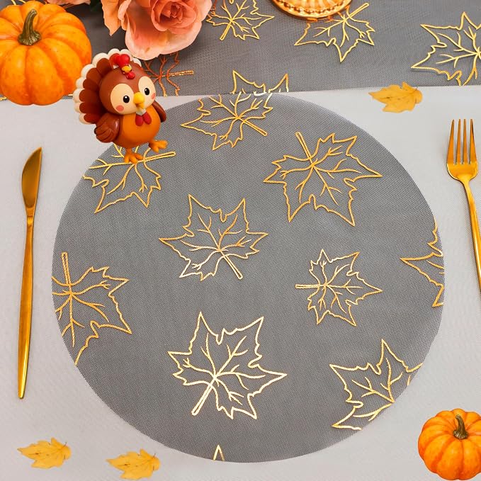 Snowkingdom 24 Pcs Fall Placemats, Black Gold Metallic Maple Leaves Thanksgiving Decoration, 13 inch Round Disposable Placemats, Golden Charger Kitchen Dining Table Mats for Autumn Harvest Party Decor