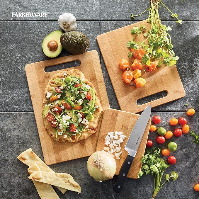 Farberware 3-Piece Wood Cutting Board Set,Reversible Chopping Boards for Meal Prep and Serving,Charcuterie Boards,Wooden Cutting-Boards with Built-in Handles,Set of 3 Assorted Sizes,Bamboo,(Pack of 3)