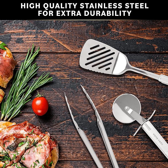 Home Hero 54-Piece Stainless Steel Kitchen Utensils Set - Heat-Resistant Nonstick Silicone & Stainless Steel Cooking Utensils - Complete Tools with Slotted Spoon & Pasta Spoon - Pack of 54, Silver | Heat-Resistant Stainless Steel Kitchen Utensil Set - ...