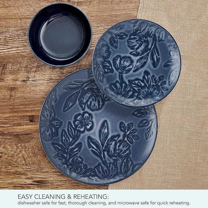 Paltzgraff Garden Elegance 12 Piece Floral Stoneware Dinnerware Plate Bowl Dish Set, Service for 4, Blue
