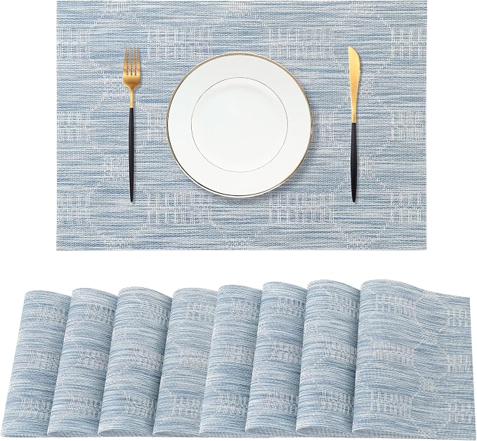 Leetaltree Jacquard Blue Placemats Set of 8 - Heat Resistant Non-Slip Place mats for Dining Table, Washable Durable PVC Vinyl Woven Table Mats(Jacquard Blue, 8)