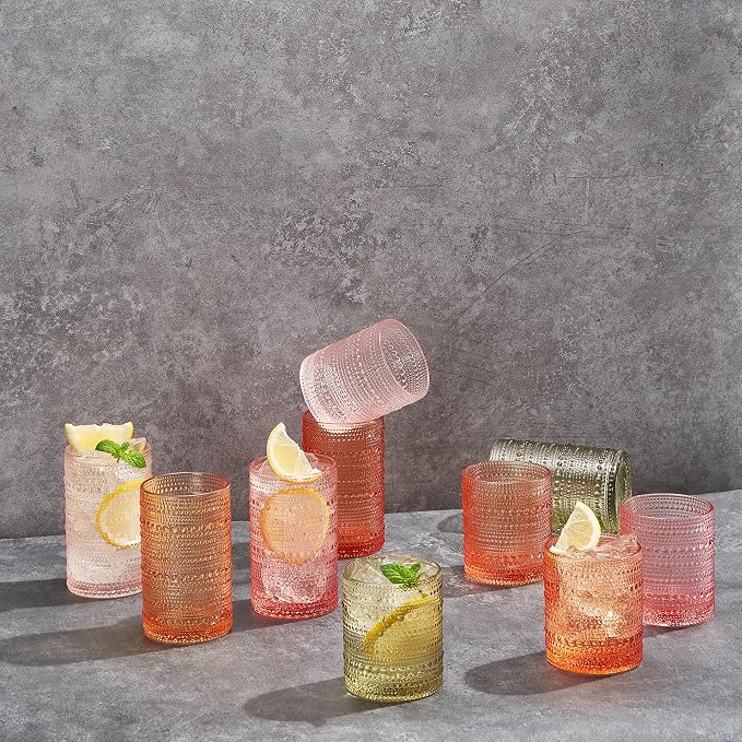 Khen Hobnail Beaded Highball Drinking Tumbler Glasses | Set of 5 | Color Vintage Bubble Design Whiskey Glassware, Old-Fashioned Embossed Design, Water, Wine, Cocktail, Heavy Glass Rocks Glass