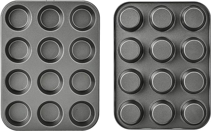 Amazon Basics Nonstick Muffin Pan,Set of 2,Sturdy,Oven Safe,Bakes Evenly,Easy to Clean,12 Cups,Gray,13.9x10.55x1.22,(Pack of 4)