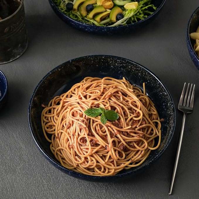 S&Q'S CERAMICS Large Serving Bowls Set of 4, 65 ounce Large Salad Bowls, 10'' Ceramic Wide Shallow Bowl Plates, Pasta Serving Dishes for Party, Entertaining, Microwave Safe(Navy Blue)