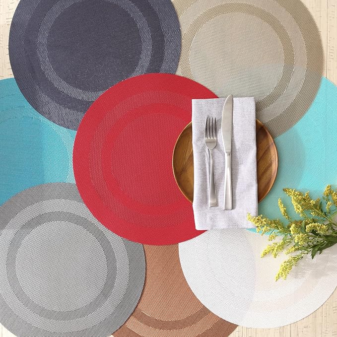 DII PVC Tabletop Collection Woven Indoor/Outdoor, Round Placemat Set, 13.75", Stonewash Blue, 6 Piece